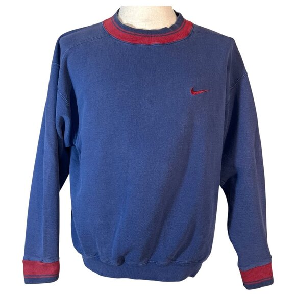 Vintage 90s Nike Crewneck Sweatshirt Blue & Red Size M Stripe Neck Cuff made USA - Picture 1 of 8